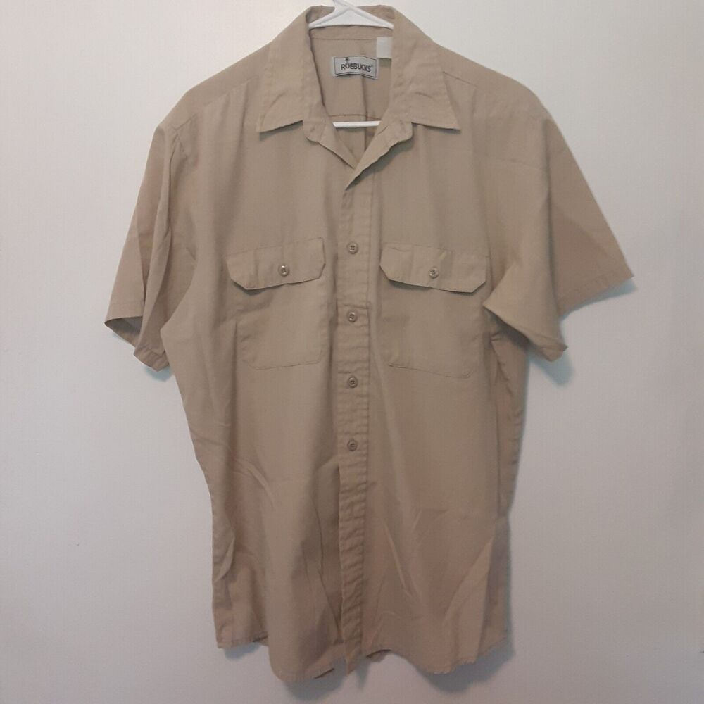 Vintage Sears Roebucks Shirt Mens L Beige Khaki Short Sleeve Safari Western